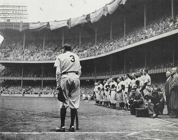 June 13, 1948: Babe Ruth in his last appearance at Yankee Stadium, captured in Nat Fein's Pulitzer Prize winning photo.