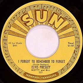 A 45 rpm single of Elvis Presley’s August 1955 Sun Studios recording of 'I Forgot To Remember To Forget,' the song that first made Elvis a nationally-known country music star, prior to his popular rock ’n roll fame.