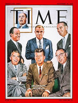 Time magazine cover, November 24th, 1958, featuring seven “Democratic Hopefuls” then believed to be in the early running for their party’s 1960 presidential nomination: at top, Adlai Stevenson, former Illinois Governor and Democratic Presidential candidate (1952 and 1956); standing from left, Senator Hubert H. Humphrey (MN), Senator Stuart Symington (MO), Senator Lyndon B. Johnson (TX); and seated, from left, New Jersey Governor, Robert Meyner, Senator John F. Kennedy (MA), and then California Governor-elect, Edmund "Pat" Brown.