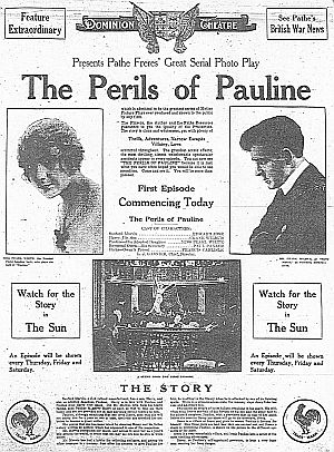 Advertisement in the Feb 25, 1915 edition of “The Sun” newspaper of Vancouver, B.C., Canada, for “The Perils of Pauline” film series.