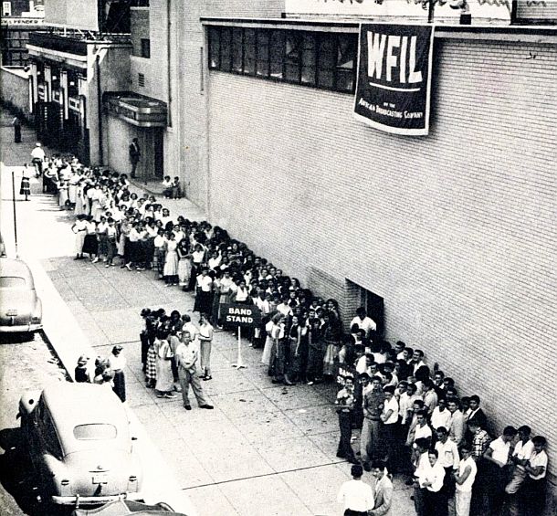 1957: Teenagers wait in line for a chance to be admitted to the WFIL studios where ‘American Bandstand’ TV show was broadcast. Researchers have found that discriminatory practices were used to keep African American teens off the show.