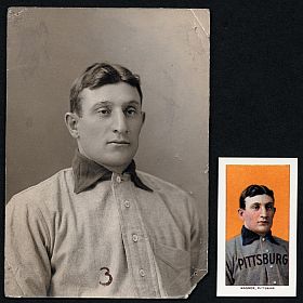 Original portrait photo of Honus Wagner in his Pittsburgh uniform taken by Carl Horner  in 1905, from which an artist’s version was later made, adding 'Pittsburgh' to his jersey. 