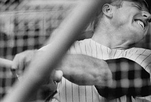 Mickey Mantle winces in pain during batting practice at spring training, 1967.