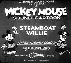 Screenshot of title card & credits for Disney's 1928 Mickey Mouse cartoon, "Steamboat Willie."