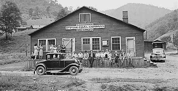 September 1946: Miners and their families gather around the company store and office, Lejunior, Harlan County, Kentucky.