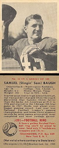 Sammy Baugh football trading card (front & back) issued by Bowman Gum in 1948.