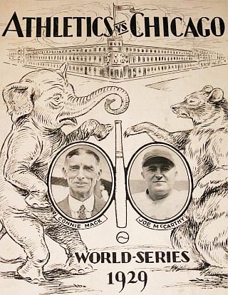 Cover of vintage 1929 World Series program featuring team mascots and photos of Philadelphia Athletics manager, Connie Mack, and Chicago Cubs manager, Joe McCarthy. Click for collectible copy.
