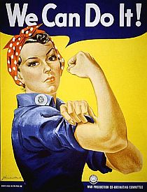 J. Howard Miller's 'We Can Do It!' poster, commissioned by Westinghouse and shown briefly in Feb 1943. Click for copy.