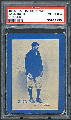 Rare Babe Ruth baseball trading card issued by the Baltimore News in 1914 when Ruth was briefly a minor league player in Baltimore, shown here in its PSA-graded collector’s case. Click for Topps reprint card.