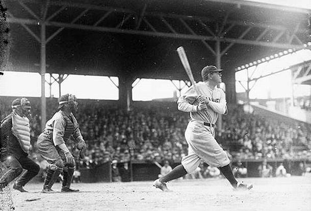 Babe Ruth in action, 1931, at Oriole Park, Baltimore, Maryland. Photo from Robert F. Kniesche / Kniesche Collection / Maryland Historical Society.