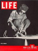 Life magazine cover photo of August 9, 1943 shows steel-worker Ann Zarik at work with her torch. Click for copy.
