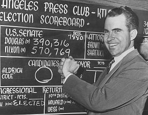 Nixon cheering himself over election returns in 1950 in defeat of Democrat Helen Gahagan-Douglas in U.S. Senate race.