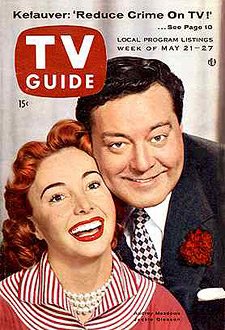 Honeymooners’ stars Jackie Gleason and Audrey Meadows on ‘TV Guide’ cover, week of May 21-27, 1955. Click for copy.