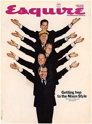 Esquire magazine ran a June 1969 cover story on ‘the Nixon style’ featuring his celebrity friends (behind Nixon):  Art Linkletter, Billy Graham, Rudy Vallee & Lawrence Welk.