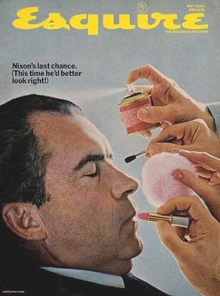 Esquire’s May 1968 cover had some fun with a stock Nixon photo mixed with some cosmetics ad copy. ‘This time he’d better look right,’ said the cover note, alluding to Nixon’s poor showing vs. JFK in 1960.  Nixon did not debate Humphrey in 1968 and held few press conferences.