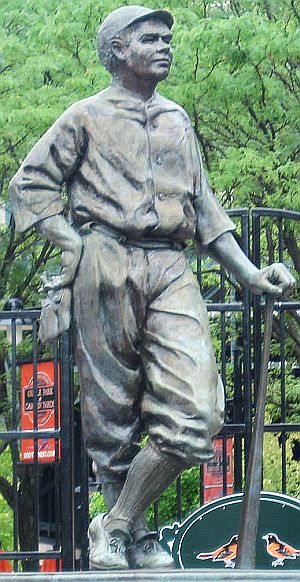 Babe Ruth statue at the Eutaw Street (Gate H) entrance of Oriole Park at Camden Yards, roughly behind center field, where the majority of fans enter the park. Sculpture by Susan Luery.