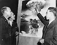 Oppenheimer explaining the atomic bomb to U.S. military leaders, 1946.