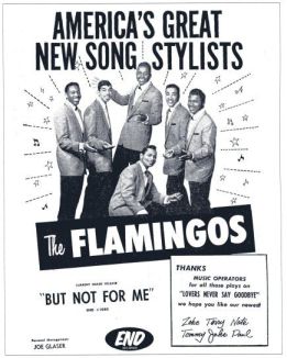 1958-59 magazine ad for Flamingos’ music by End Records, with lower corner box thanking radio DJs for playing  their hit, ‘Lovers Never Say Goodbye.’