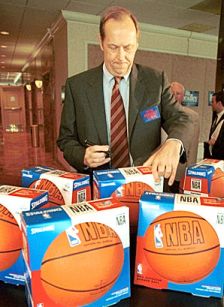 Bill Bradley autographing NBA basketballs  in 1999 during his presidential bid.  AP photo.