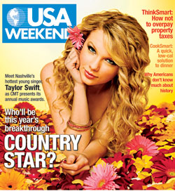 Taylor Swift on the cover of the April 13, 2008 ‘USA Weekend’ magazine, in advance of the annual Country Music Awards show.