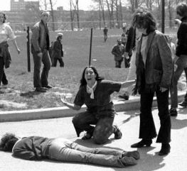 Mary Vecchio, screaming over the dead body of Jeffrey Miller, killed at Kent State on May 4, 1970. Photo was taken by undergraduate John Filo and appeared on newspaper front pages the next day. It has become the iconic image of that tragic day.