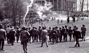 Tear gas being fired on demonstrators at Kent State University, May 4, 1970.