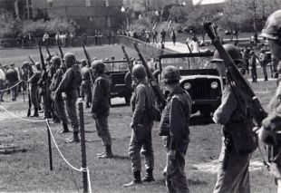 National Guard in position on the campus of Kent State University, early May 1970.