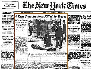 New York Times of May 5, 1970 with headline ‘4 Kent State Students Killed by Troops,’ and subhead, ‘8 Hurt as Shooting Follows Reported Sniping at Rally.’