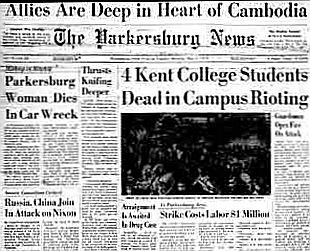 The Parkersburg News of Parkersburg, West Virginia carried a somewhat different headline on the shootings, but also mentioned Cambodia in a top headline.