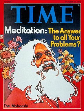 The Beatles and other celebrities, with their travels to India to study TM with the Maharishi Mahesh Yogi, helped bring global attention to him and spawn something of a global enterprise thereafter. He is depicted here on the October 13th, 1975 cover of Time magazine with the story, “Meditation: The Answer to All Your Problems.” 
