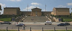 Philadelphia Art Museum and its long series of steps rising to the main entrance - steps now nick-named `the Rocky steps' after the 1976-77 `Rocky' movie. Click for Museum handbook.