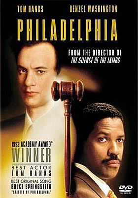 DVD cover for the 1993-94 film, 'Philadelphia,' starring Tom Hanks as an AIDS-afflicted Philadelphia attorney who is wrongfully fired and hires lawyer Denzel Washington to sue his former employer. Click for DVD.