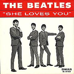 Record sleeve for ‘She Loves You’ / 'I’ll Get You’ single issued by Swan Records in Sept. 1963, which went ‘virtually unnoticed.’ Click for digital.