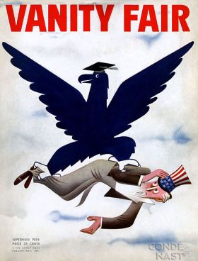 Vanity Fair’s September 1934 issue featured FDR’s Brain Trust as an educated eagle with Uncle Sam in its grasp.