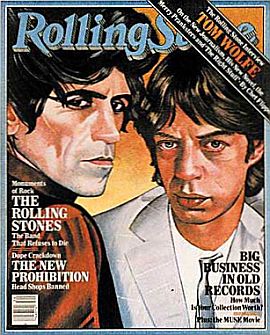 Keith Richards & Mick Jagger portrayed on the cover of ‘Rolling Stone’ magazine, 21Aug 1980 with story line: ‘Monuments of Rock. The Rolling Stones: The Band That Refuses to Die.’ Click for copy.