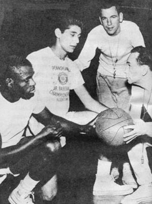 Joe Namath,, center, helped his high school win basketball championships – shown here with coaches and co-star, Benny Singleton, left.