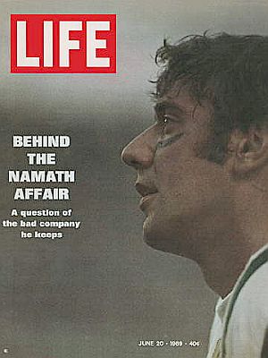 In June 1969, Football Commissioner Pete Rozelle told Joe Namath to sell his ownership share in an East Side New York bar named “Bachelors III” because gamblers frequented the place – or else he would be suspended. At an emotional press conference, Namath announced his retirement from football rather than comply. Six weeks later, however, Namath's love of the game prevailed and  he sold his share of “Bachelors III,” returning to the Jets. Click for Life magazine, June 20, 1969.