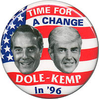 1996 Republican campaign button featuring the Bob Dole-Jack Kemp ticket.