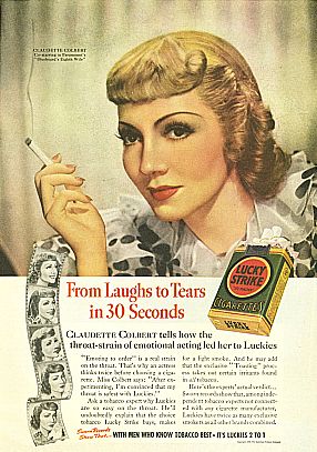 By the late 1930s, American Tobacco was regularly using movie-star celebrities in its ads, such as Claudette Colbert, shown here, also noting her co-staring role in the upcoming film, “Bluebeard’s Eighth Wife,” by Paramount.