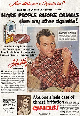 John Wayne, a highly-popular Hollywood film star, appears in a 1950 magazine ad for Camel cigarettes.