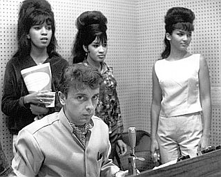 The Ronettes -- Estelle, Ronnie & Nedra -- with Phil Spector in L.A. recording studio, 1963.
