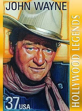 John Wayne on “Hollywood Legends” U.S. postage stamp of the mid-1990s. Click for first-day issue.