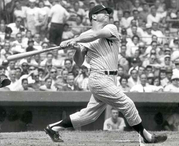 Mickey Mantle’s powerful swing from the left side of the plate, September 3, 1961, hitting his 49th home run during the fabled race with Roger Maris, who went on to break Babe Ruth’s record that year with 61.
