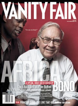 Warren Buffett was one of 20 Annie Leibovitz-photographed celebrities featured on a series of covers for a special issue of ‘Vanity Fair’ for July 2007 focused on Africa. Here Chris Rock is asking, ‘Got any good tips?’ Click for copy.