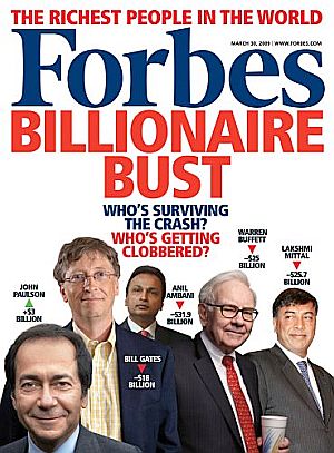 Forbes, March 2009, with Warren Buffett as one of the “clobbered” billionaires due to the 2008 economic downturn.
