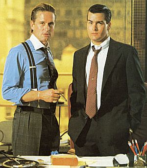 Gordon Gekko and Bud Fox making plans for the trading day in "Wall Street," 1987. Click for promotional photo.