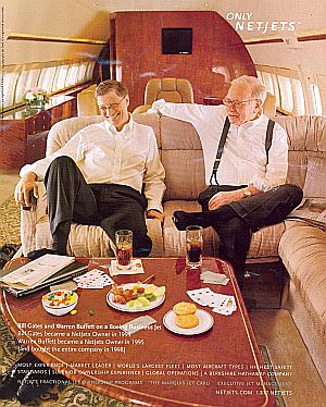 A Net Jets, Inc, magazine ad featuring Bill Gates and Warren Buffett riding in a Boeing buisness jet provided by the Net Jets company. Warren Buffett bought the company in 1995 and Bill Gates is also a stockholder in Net Jets.