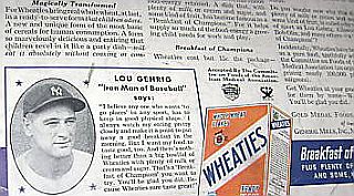 Portion of a larger 1935 "Wheaties" magazine ad featuring a testimonial from baseball great Lou Gehrig.