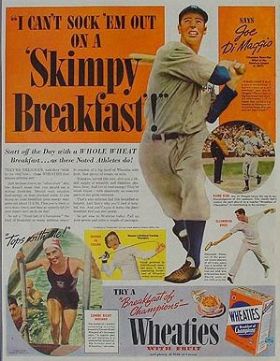 Baseball great Joe DiMaggio is featured in this 1938 Wheaties magazine ad, along with three other notable American athletes. 