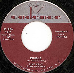 Link Wray’s 1958 hit “Rumble” on the Cadence record label – a short lived venture for Wray, who would later move on to other record labels. Click for updated vinyl by Sundazed, NY.